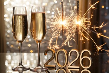 New year 2026 celebration: champagne, sparklers, festive gold