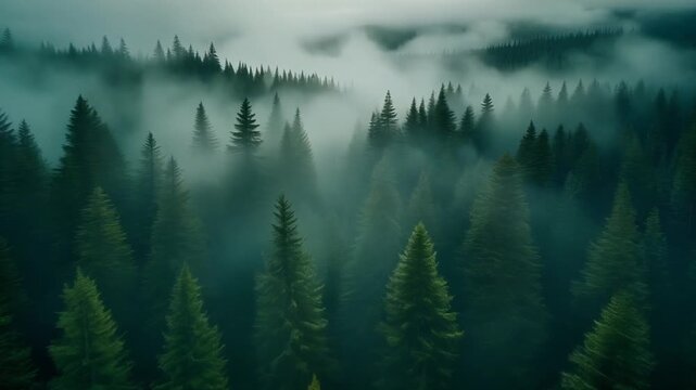 Cool emerald forest landscape shrouded in serene, atmospheric fog, creating a breathtaking and mystical wilderness vista where ancient trees vanish into the hazy light