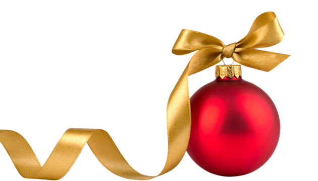 red christmas ball with golden ribbon and bow isolated on transparent background png
