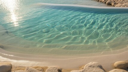 Clear turquoise water ripples with sunlight reflecting on sandy bottom and rocks