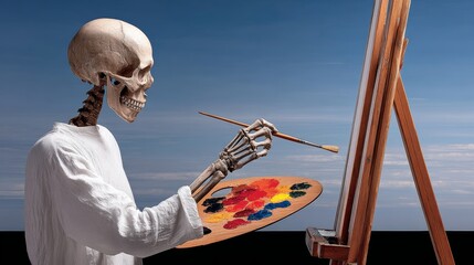 Skeleton artist in white robe painting on canvas with vibrant colors on palette, set against a serene sky, showcasing creativity and artistic expression in a whimsical scene