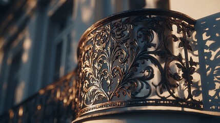 Ornate Metal Balcony Railing Decorative Architectural Element in Warm Sunset Light