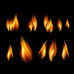 Realistic fire flames and effects set on transparent background