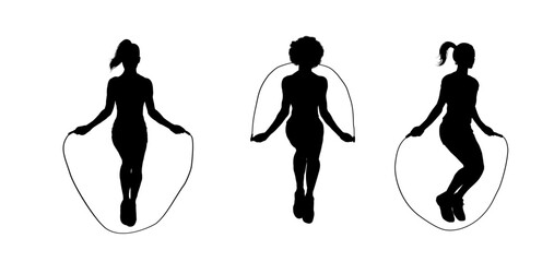 Naklejka premium Jumping rope woman silhouette set, diverse female fitness pose