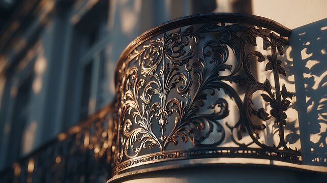Ornate Metal Balcony Railing Decorative Architectural Element in Warm Sunset Light