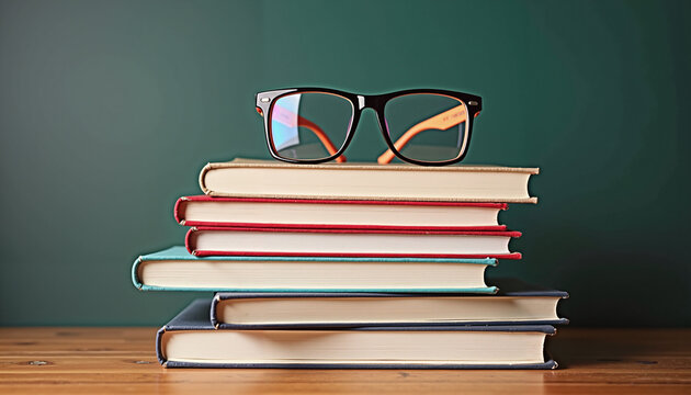 glasses on top of a stack of colorful books with a wooden background