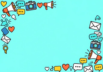 Social Media and Communication Icons Frame on Blue Background