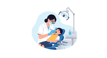 Dentist examining a young boy's teeth in a dental clinic with a bright examination light.