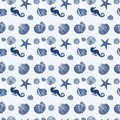 Blue seamless pattern with underwater life objects - seashells, starfish, corals, algae and sea turtles.