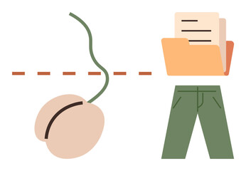 Computer mouse, file folder, document, green pants separated by dashed line suggesting digital organization, task segmentation. Ideal for workflow management, productivity, sorting, data concepts