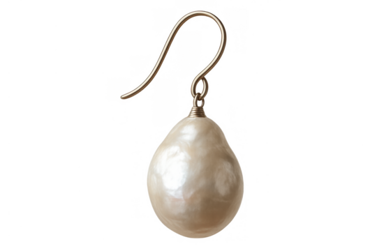 Elegant baroque pearl earring hanging on a gold hook, a luxurious fashion accessory with a transparent background