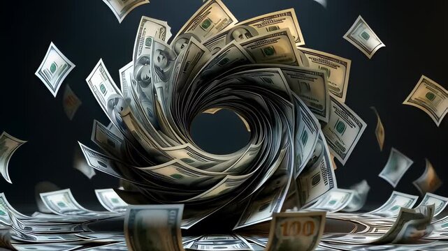 Money vortex of US dollar bills spinning in a dark tornado with flying cash in a cinematic 3D animation, illustrating inflation and currency crisis concepts.