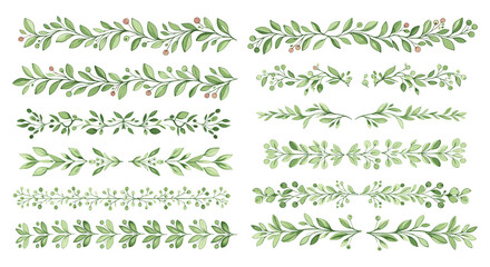 Collection of watercolor green leaf and berry botanical borders and dividers.