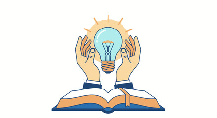 Hands holding a glowing lightbulb above an open book, symbolizing ideas.