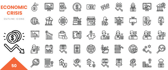 Set of outline icons representing economic crisis themes in finance and analytics.