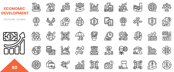 Collection of 50 outline icons representing economic development concepts in a minimalist design.