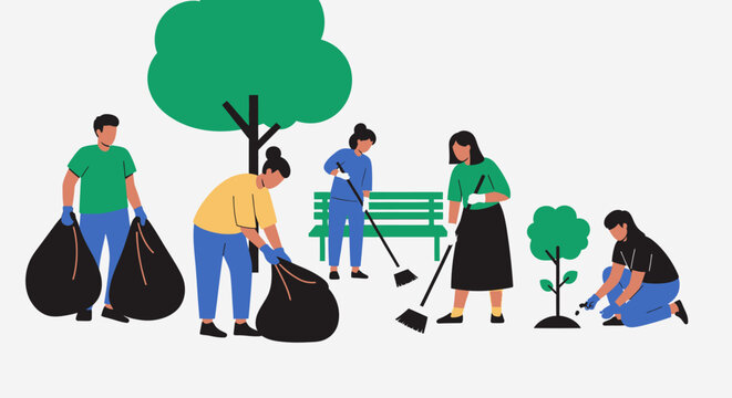 Volunteers cleaning a park, collecting trash, sweeping, and planting a tree, promoting environmental care.