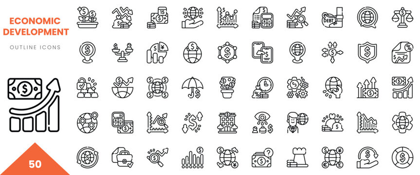 Collection of 50 outline icons representing economic development concepts in a minimalist design.