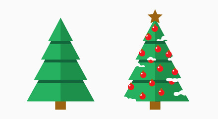 Two stylized Christmas trees, one plain and the other decorated with ornaments.