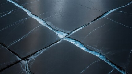 Abstract dark cracked surface with glowing blue light in the fissures