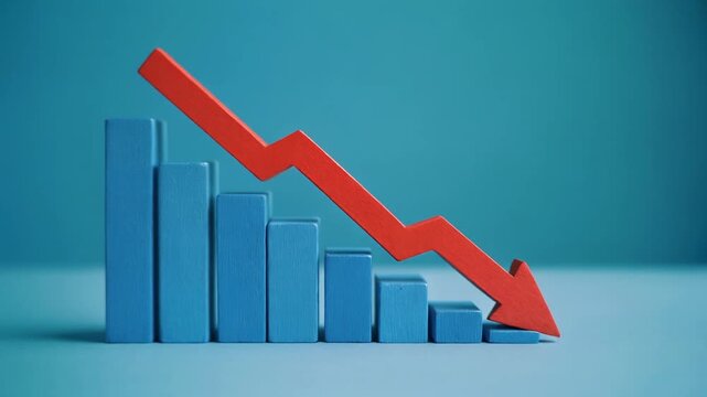 Minimalist blue graph with red arrow pointing down. Business risk, financial decline and money loss. Close-up.