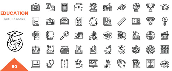A diverse collection of 50 education-themed outline icons showcasing various learning concepts.