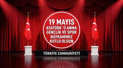 May 19th Celebration: A festive stage is set with Turkish flags, symbolizing the spirit of youth and sports, celebrating the historic day. 