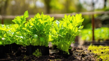 lovage. Lush lovage plants growing in an herb garden during the soft morning light. gardening catalogs, home-decor guides, designed for home decor and floral branding, promotes healthy living.