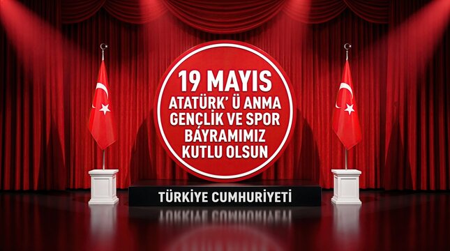 May 19th Celebration: A festive stage is set with Turkish flags, symbolizing the spirit of youth and sports, celebrating the historic day. 