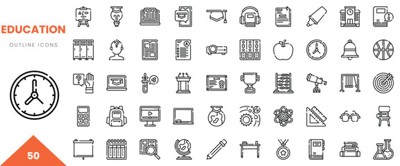 A collection of educational outline icons including notebooks, trophies, clocks, and more.