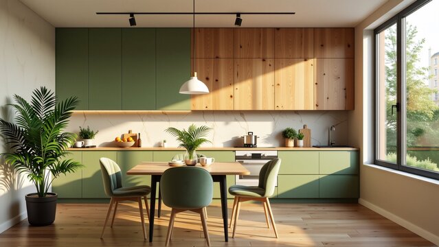 modern kitchen large window right side kitchen has wooden countertop sink gas stove above countertop large wooden panel light fixture hanging ceiling walls painted light green color floor light