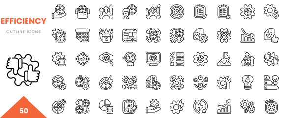 A collection of outline icons representing efficiency concepts, featuring gears, charts, and checklists. © Kupict