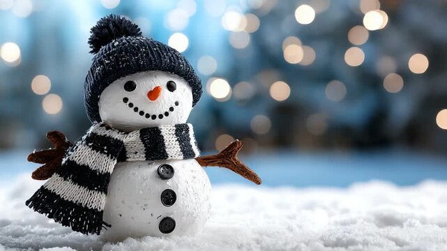 A cheerful snowman adorned with a striped scarf and a hat stands gracefully in a snowy landscape, capturing the magic of winter season with twinkling lights in the background.