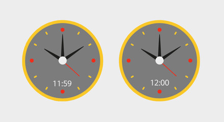 Two clocks showing the time, one at 11:59 and the other at 12:00, against a light gray background.