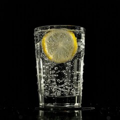 Fototapeta premium Vaso alto de Mojito o Gin Tonic con lima y menta fresca, Bebida refrescante con hielo, rodaja de lima y hierbabuena, Cóctel clásico de verano sobre fondo oscuro con luces bokeh