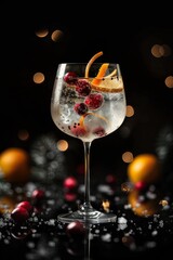 Obraz premium Gin tonic en copa balón con arándanos y rodaja de naranja, fondo oscuro, Mixología elegante: gin tonic con garnish de naranja y arándanos, iluminación de estudio, promoción bartender club