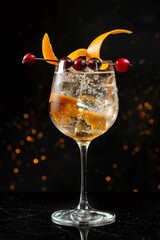 Obraz premium Gin tonic en copa balón con arándanos y rodaja de naranja, fondo oscuro, Mixología elegante: gin tonic con garnish de naranja y arándanos, iluminación de estudio, promoción bartender club