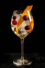 Obraz premium Gin tonic en copa balón con arándanos y rodaja de naranja, fondo oscuro, Mixología elegante: gin tonic con garnish de naranja y arándanos, iluminación de estudio, promoción bartender club
