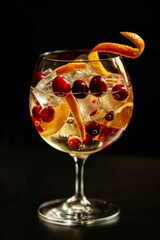 Obraz premium Gin tonic en copa balón con arándanos y rodaja de naranja, fondo oscuro, Mixología elegante: gin tonic con garnish de naranja y arándanos, iluminación de estudio, promoción bartender club