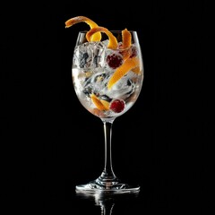 Obraz premium Gin tonic en copa balón con arándanos y rodaja de naranja, fondo oscuro, Mixología elegante: gin tonic con garnish de naranja y arándanos, iluminación de estudio, promoción bartender club