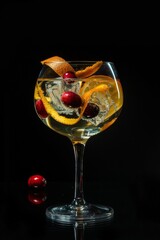 Obraz premium Gin tonic en copa balón con arándanos y rodaja de naranja, fondo oscuro, Mixología elegante: gin tonic con garnish de naranja y arándanos, iluminación de estudio, promoción bartender club
