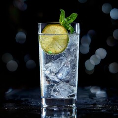 Fototapeta premium Vaso alto de Mojito o Gin Tonic con lima y menta fresca, Bebida refrescante con hielo, rodaja de lima y hierbabuena, Cóctel clásico de verano sobre fondo oscuro con luces bokeh