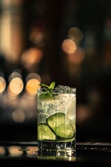 Fototapeta premium Cóctel refrescante de ginebra con rodaja de pepino y hielo, Bebida alcohólica tipo Gin Tonic con pepino en vaso bajo, Copa de verano fresca con garnish de pepino y fondo oscuro