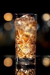 Fototapeta premium Cóctel dorado con hielo en vaso tallado sobre fondo oscuro, Whisky highball con cubitos de hielo y luces bokeh nocturnas, Cocktail premium con whisky y soda en ambiente nocturno