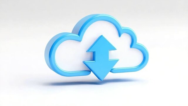 A vibrant blue cloud symbol representing cloud computing, featuring upward and downward arrows