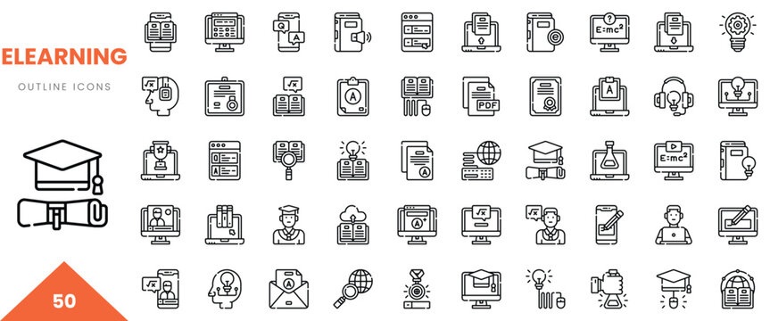 A collection of 50 eLearning outline icons representing various educational tools and resources.