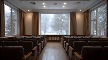 An empty auditorium with large showing a snowy winter landscape outside