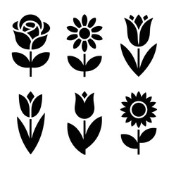 A stylized collection of floral silhouette. Each bloom represents the beauty and diversity of nature. set of black and white floral icons illustrating a decorative collection of 