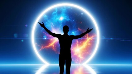 Silhouette of human form against cosmic nebula and glowing light portal abstract background - Powered by Adobe
