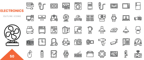 Collection of outline icons representing various electronics in a minimalist style.